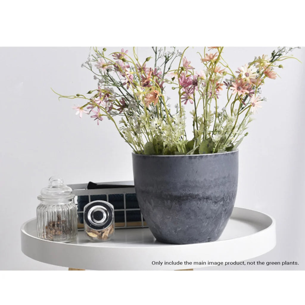 Resin Plant Flower Pot 27cm Weathered Grey Round in Cement Pattern Planter Cachepot for Indoor Home Office