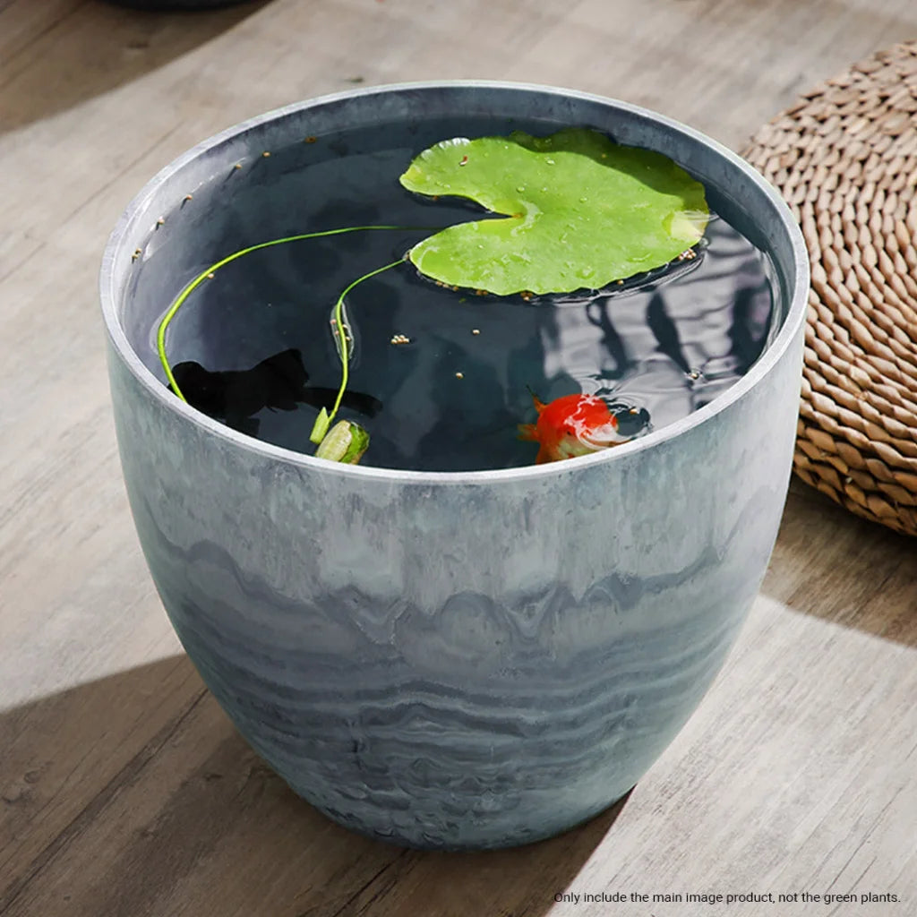 Resin Plant Flower Pot 27cm Weathered Grey Round in Cement Pattern Planter Cachepot for Indoor Home Office