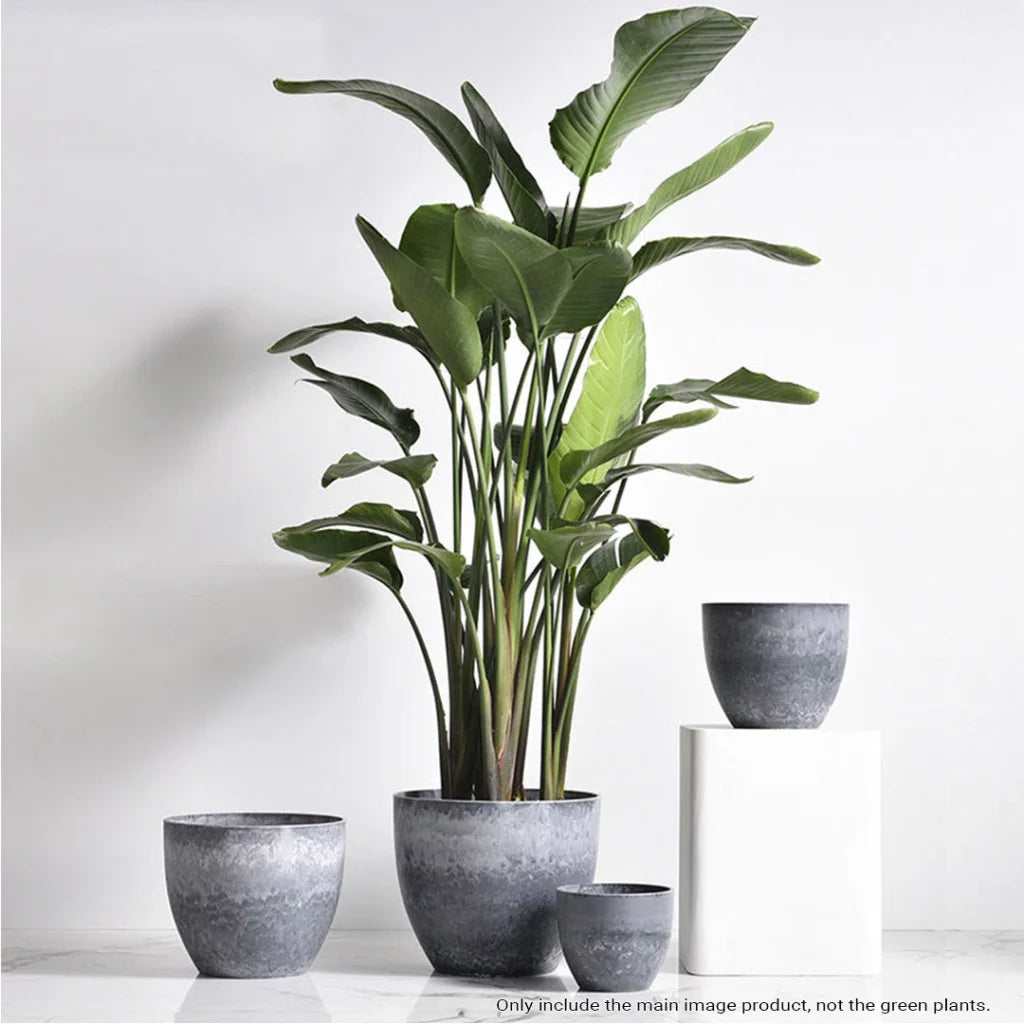 Resin Plant Flower Pot 27cm Weathered Grey Round in Cement Pattern Planter Cachepot for Indoor Home Office