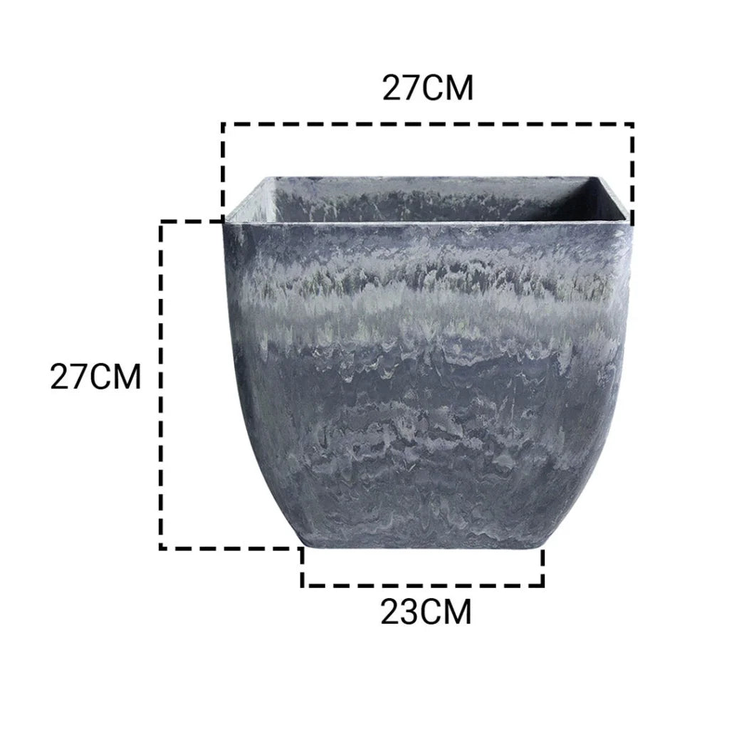 Resin Plant Flower Pot 27cm Weathered Grey Square in Cement Pattern Planter Cachepot for Indoor Home Office