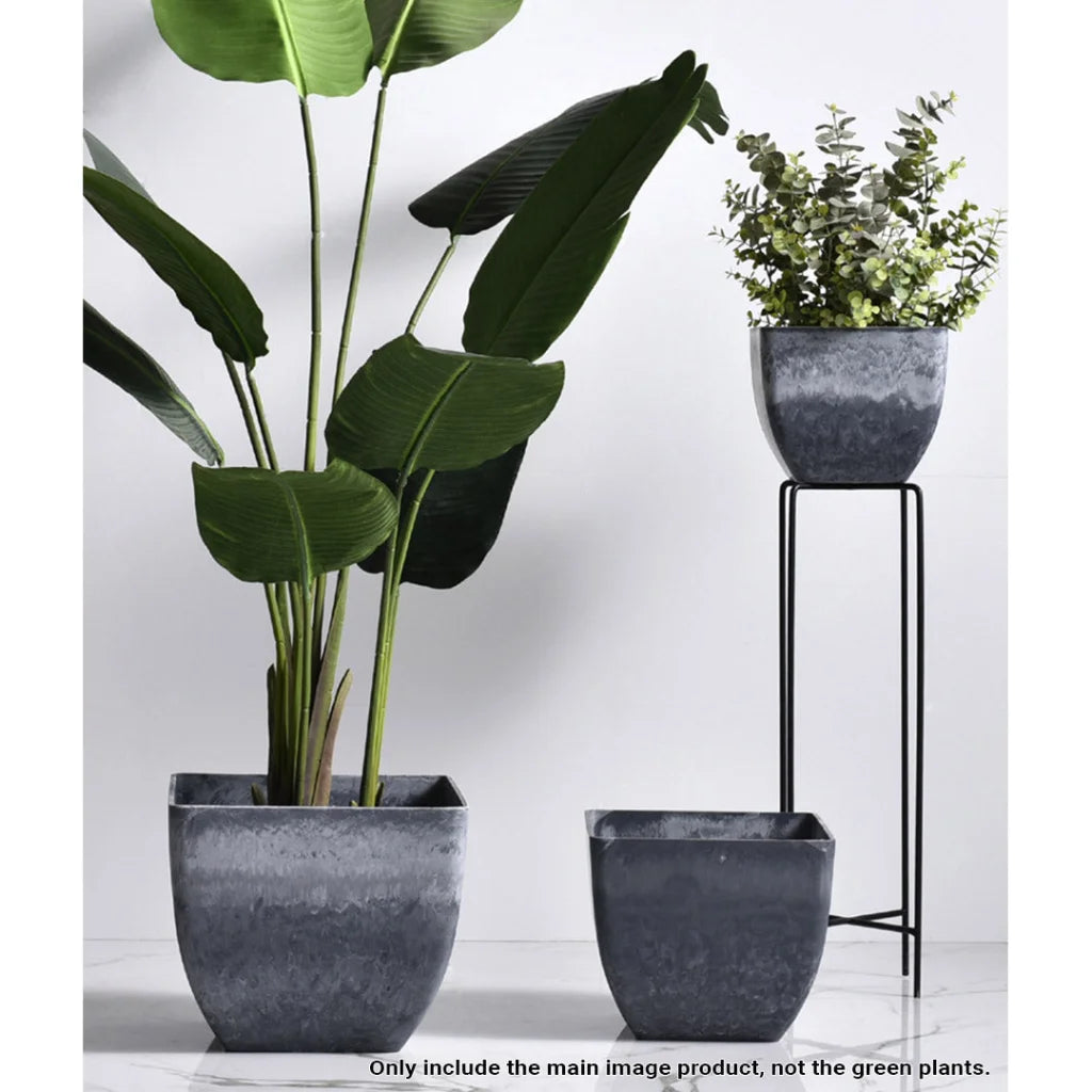 Resin Plant Flower Pot 27cm Weathered Grey Square in Cement Pattern Planter Cachepot for Indoor Home Office