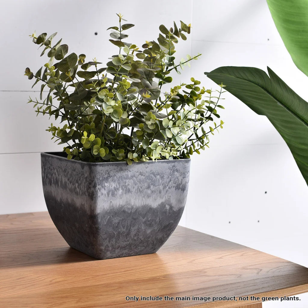 Resin Plant Flower Pot 27cm Weathered Grey Square in Cement Pattern Planter Cachepot for Indoor Home Office