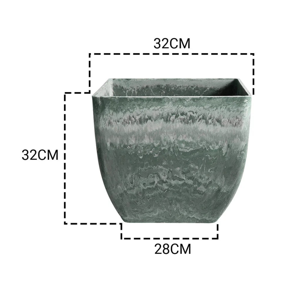Resin Plant Flower Pot 32cm Green Grey Square in Cement Pattern Planter Cachepot for Indoor Home Office