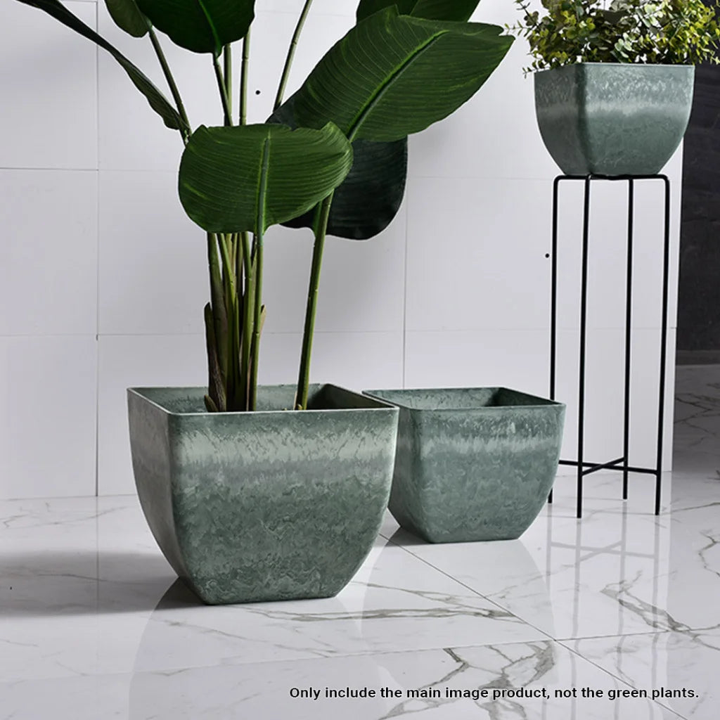 Resin Plant Flower Pot 32cm Green Grey Square in Cement Pattern Planter Cachepot for Indoor Home Office