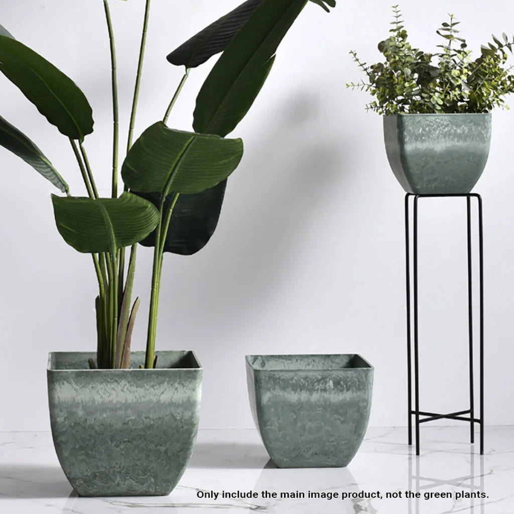 Resin Plant Flower Pot 32cm Green Grey Square in Cement Pattern Planter Cachepot for Indoor Home Office