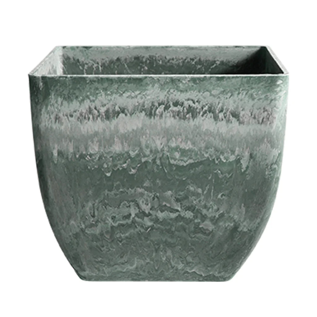 Resin Plant Flower Pot 32cm Green Grey Square in Cement Pattern Planter Cachepot for Indoor Home Office