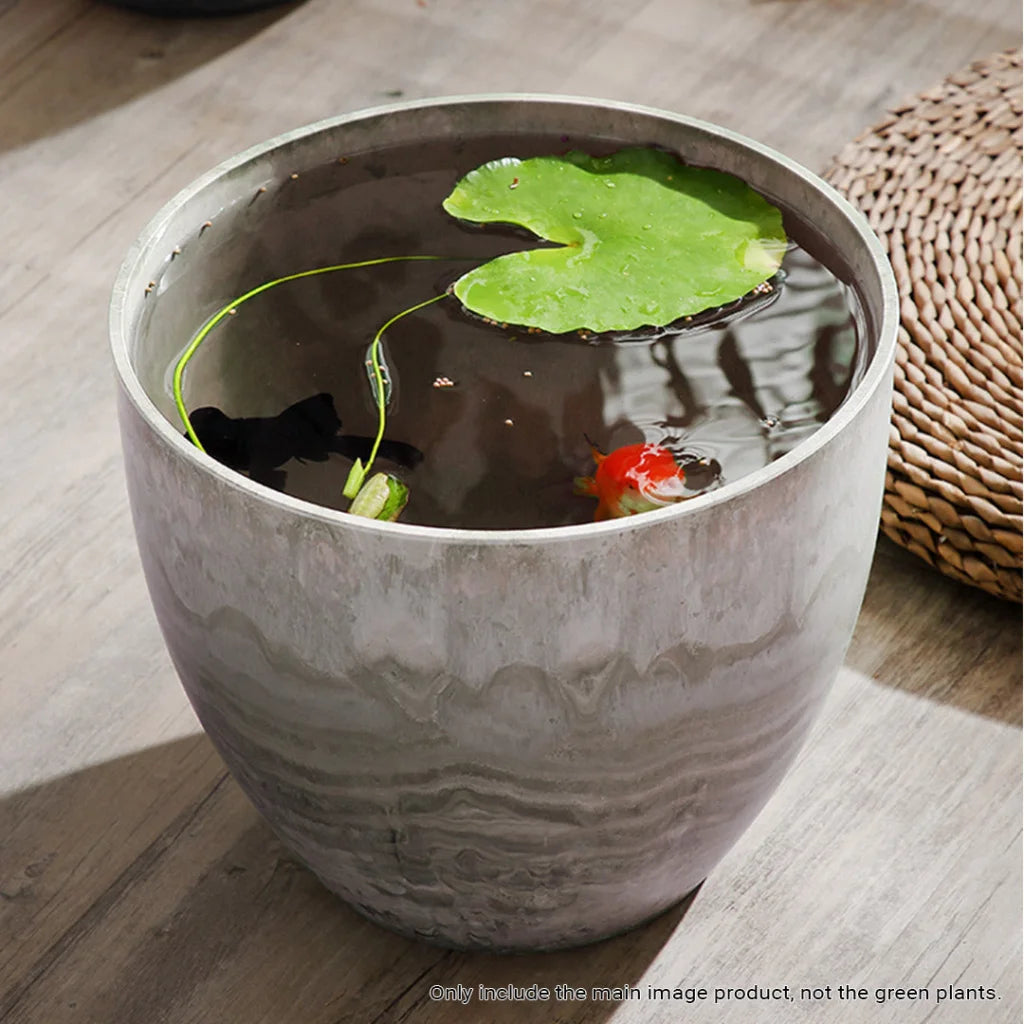 Resin Plant Flower Pot 32cm Rock Grey Round in Cement Pattern Planter Cachepot for Indoor Home Office