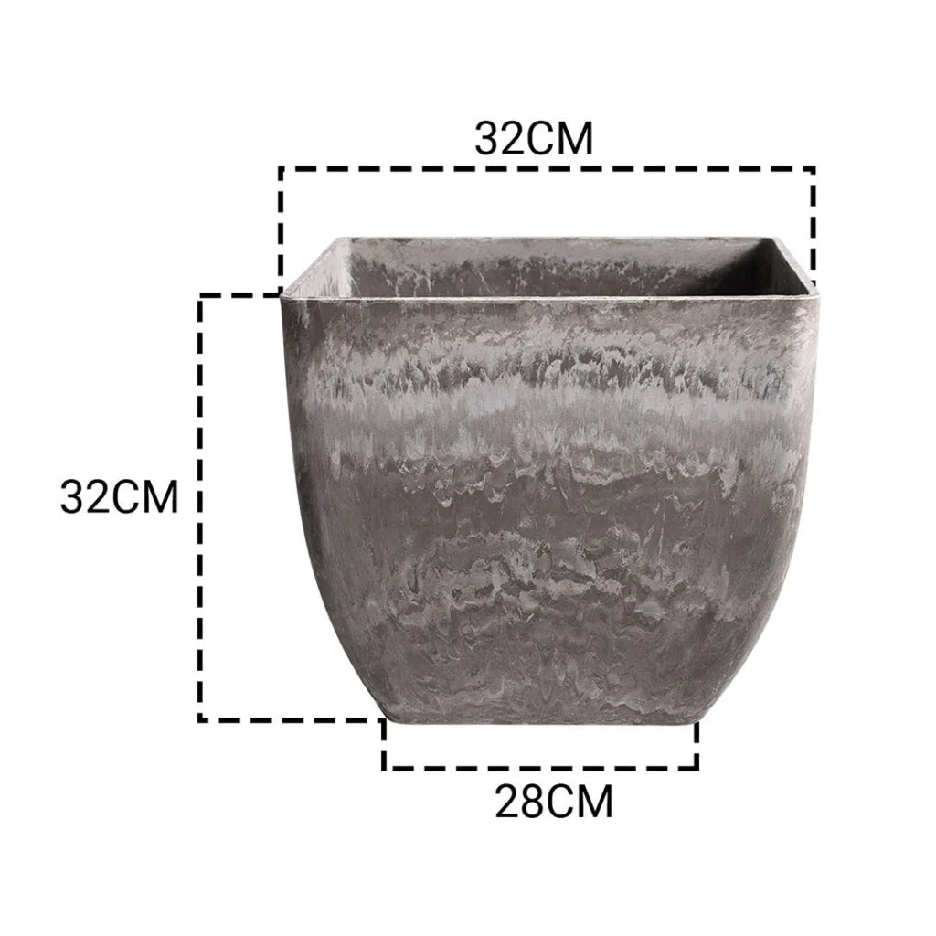 Resin Plant Flower Pot 32cm Rock Grey Square in Cement Pattern Planter Cachepot for Indoor Home Office