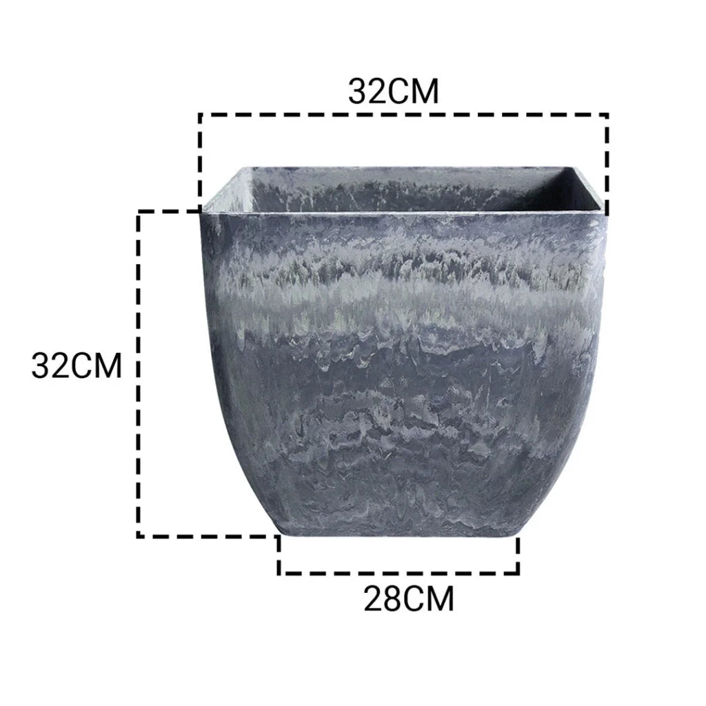 Resin Plant Flower Pot 32cm Weathered Grey Square in Cement Pattern Planter Cachepot for Indoor Home Office