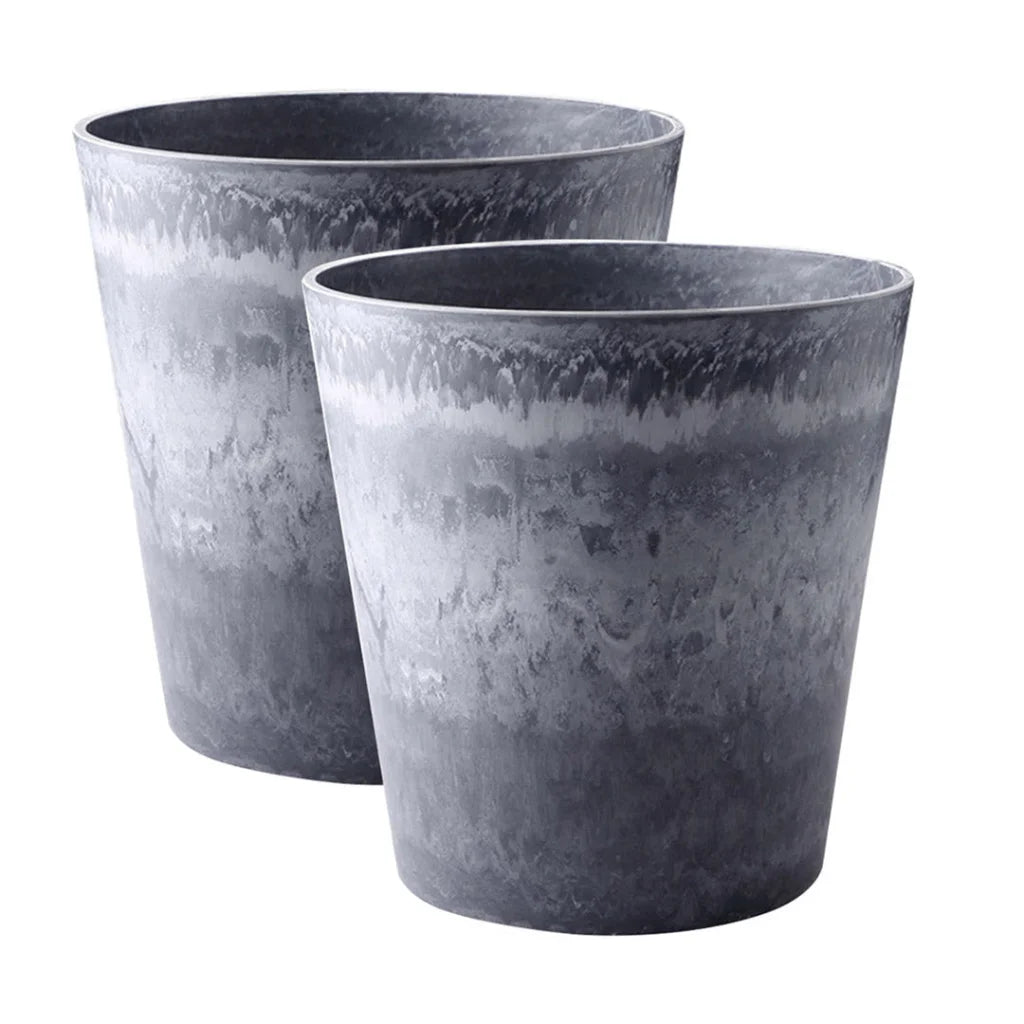 Resin Plant Flower Pot Set of 2 - 27cm Weathered Grey Round Cement Pattern