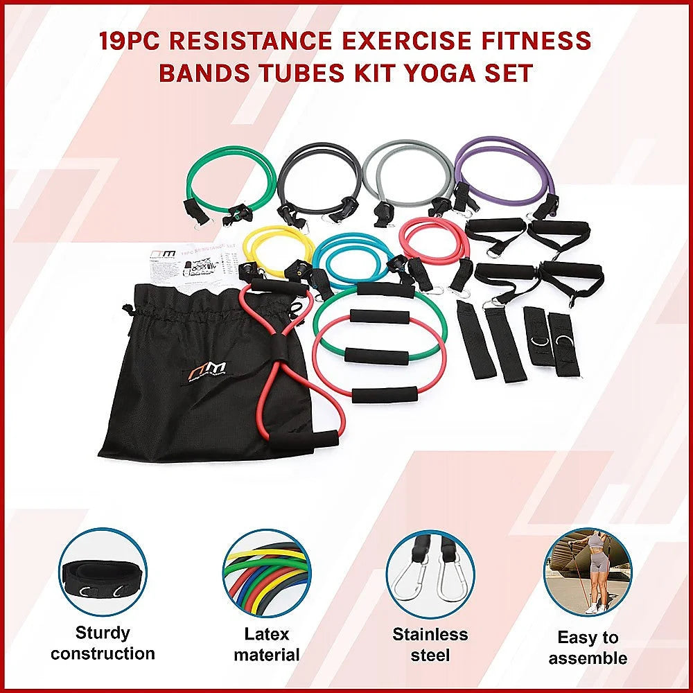 Resistance Exercise Fitness Bands Tubes Kit Yoga Set 19PC
