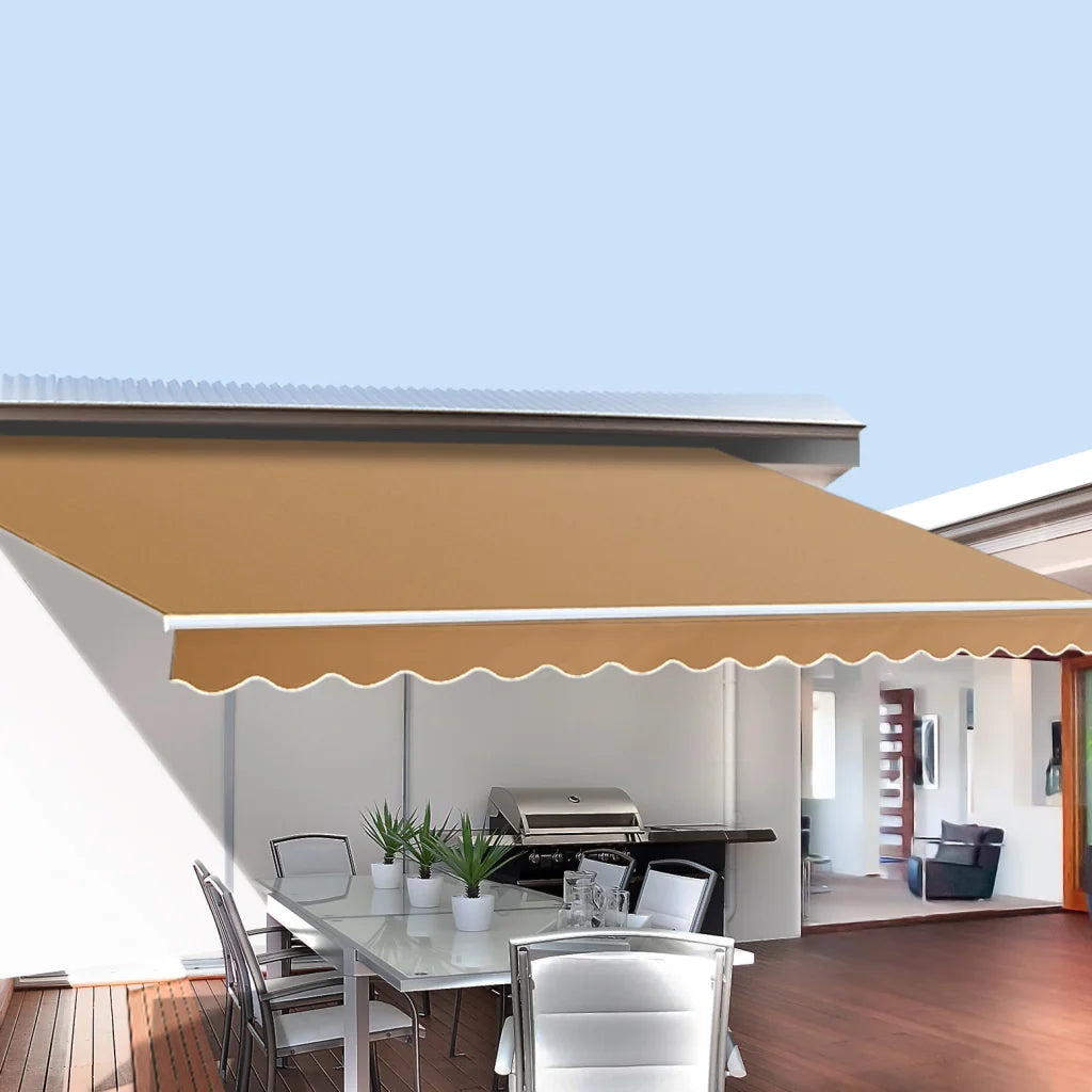 Beige 5m retractable awning with motorised awning cover and roller tube