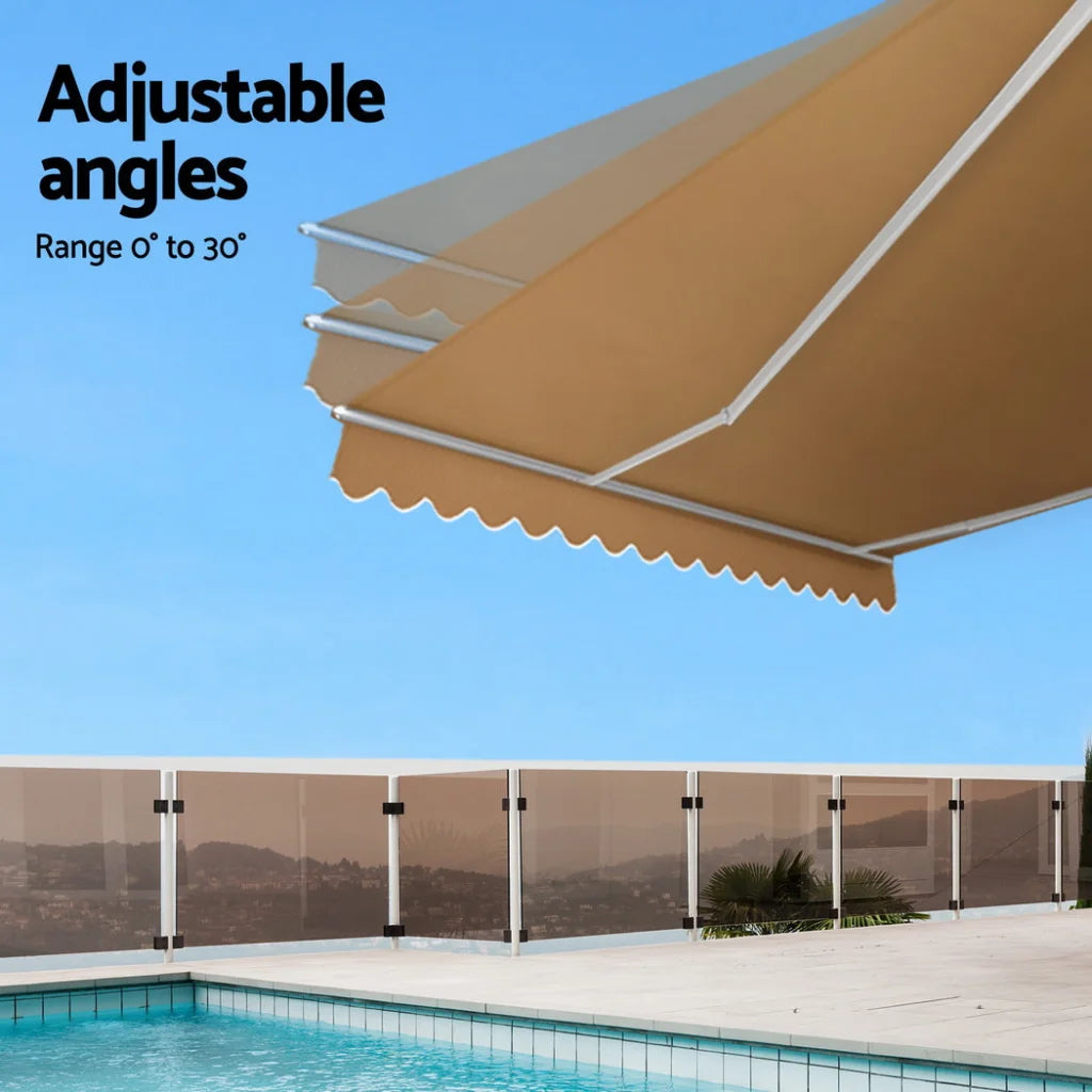 Beige 5m retractable awning with wall brackets and extended sunshade canopy