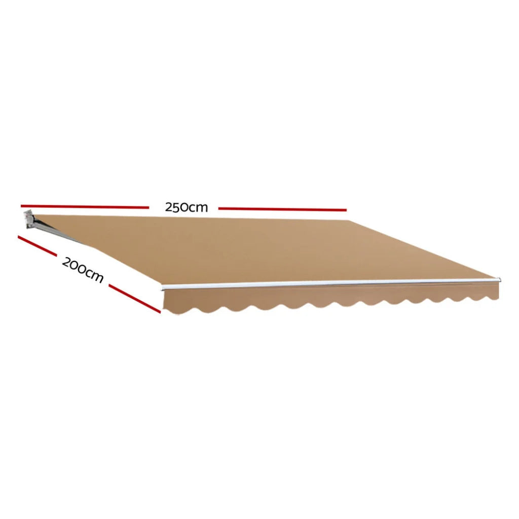 Beige 5m retractable awning with grey canopy fabric and articulated arms