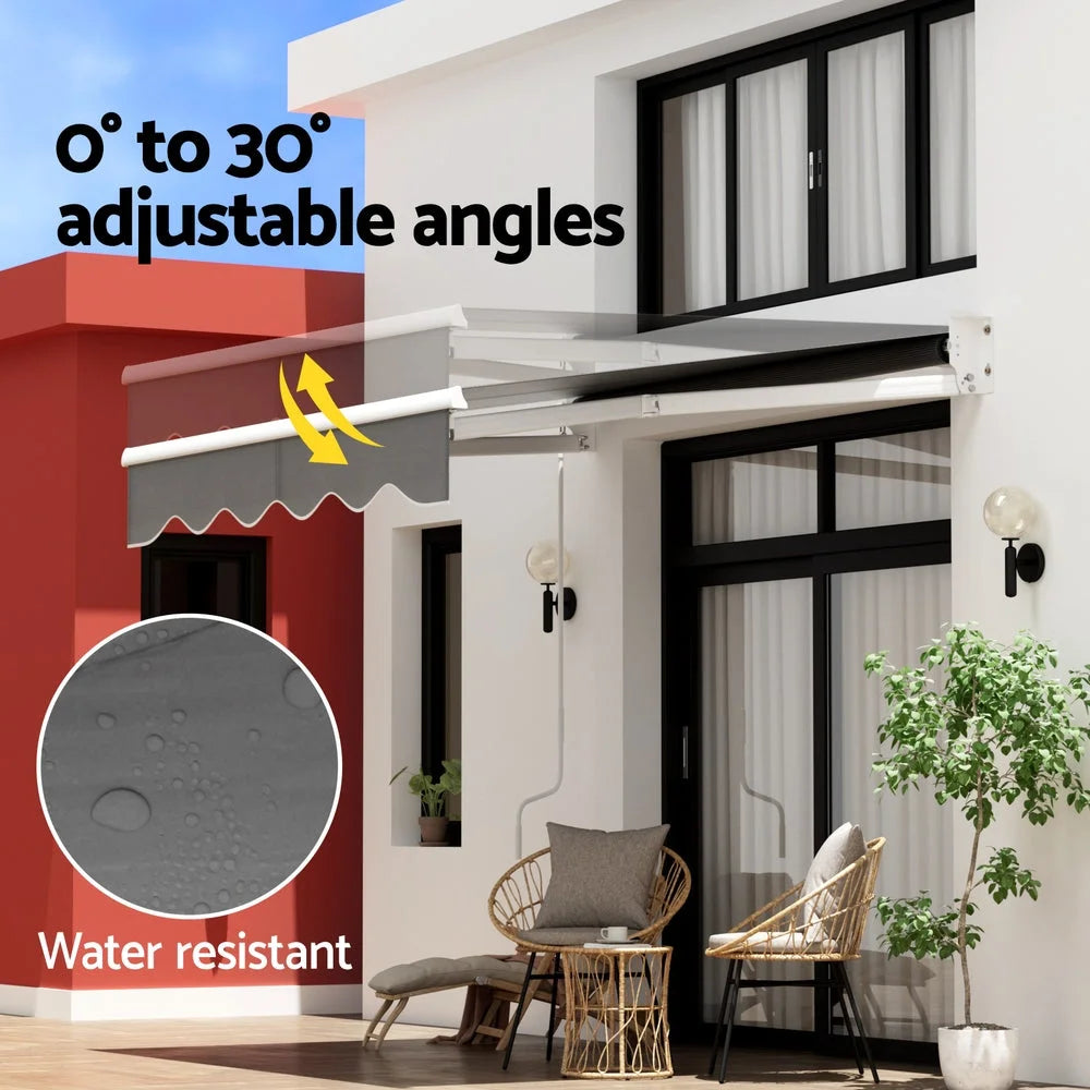Grey 2m retractable awning with striped awning fabric and folding arm frame