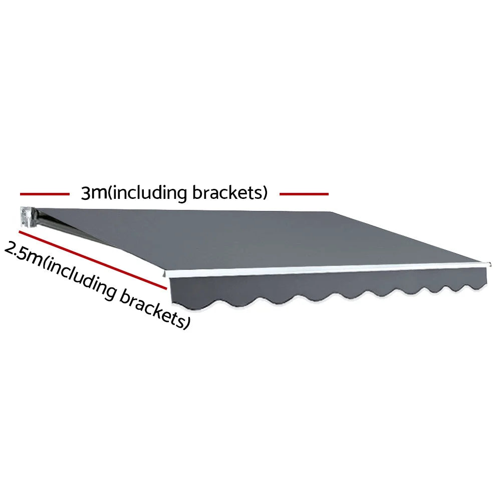 Grey 3m retractable awning with striped awning fabric and folding arm frame
