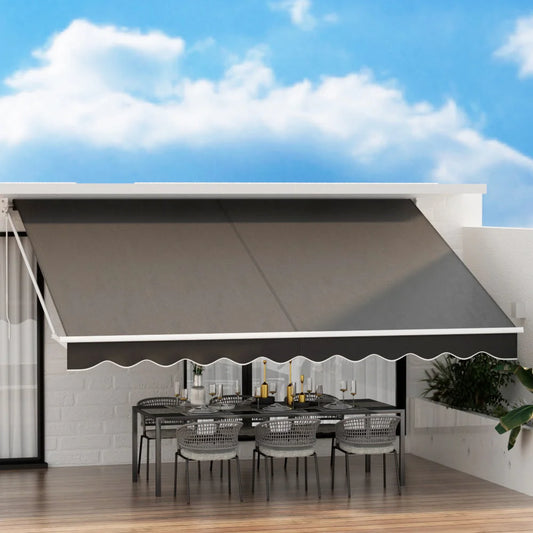 Grey 5m retractable awning with grey canopy fabric and articulated arms
