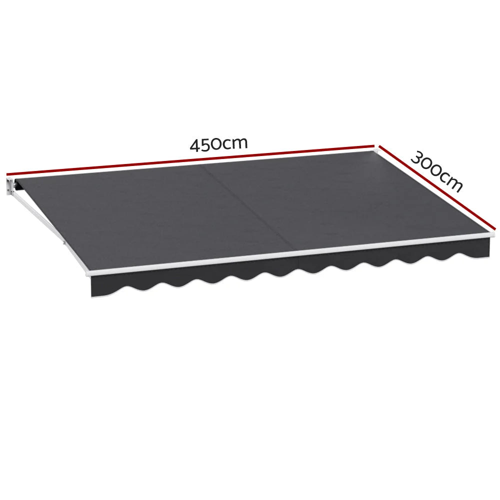 Grey 5m retractable awning with wall brackets and extended sunshade canopy