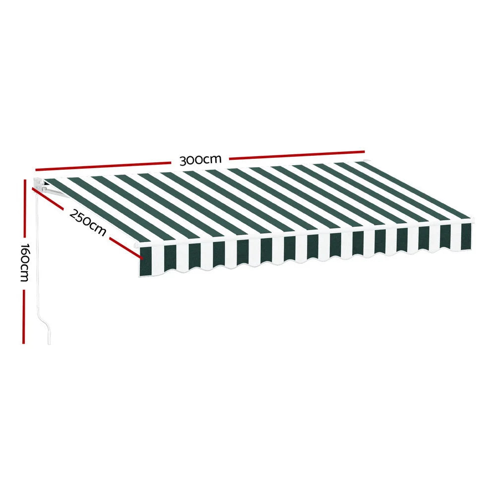 Green 3m retractable awning with grey canopy fabric and articulated arms