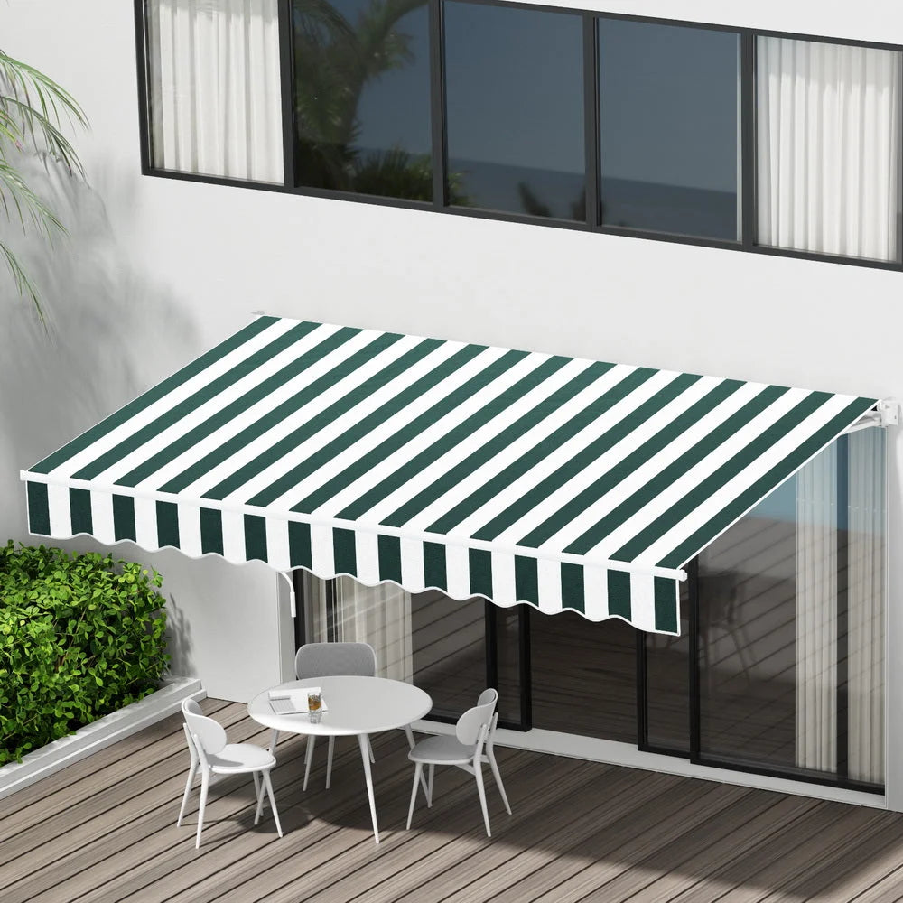 Green 3m retractable awning with wall brackets and extended sunshade canopy