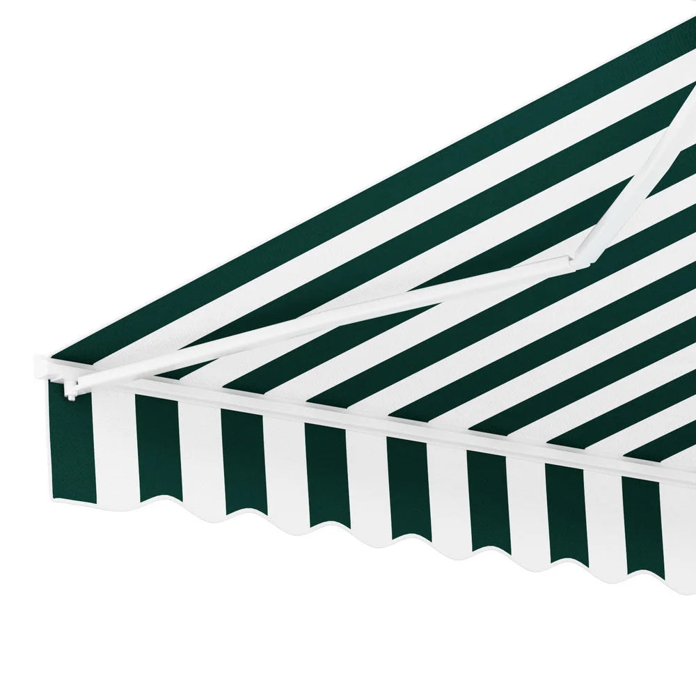 Green 3m retractable awning with striped awning fabric and folding arm frame