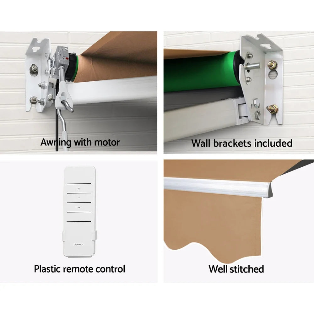 Beige 4m retractable awning with striped awning fabric and folding arm frame
