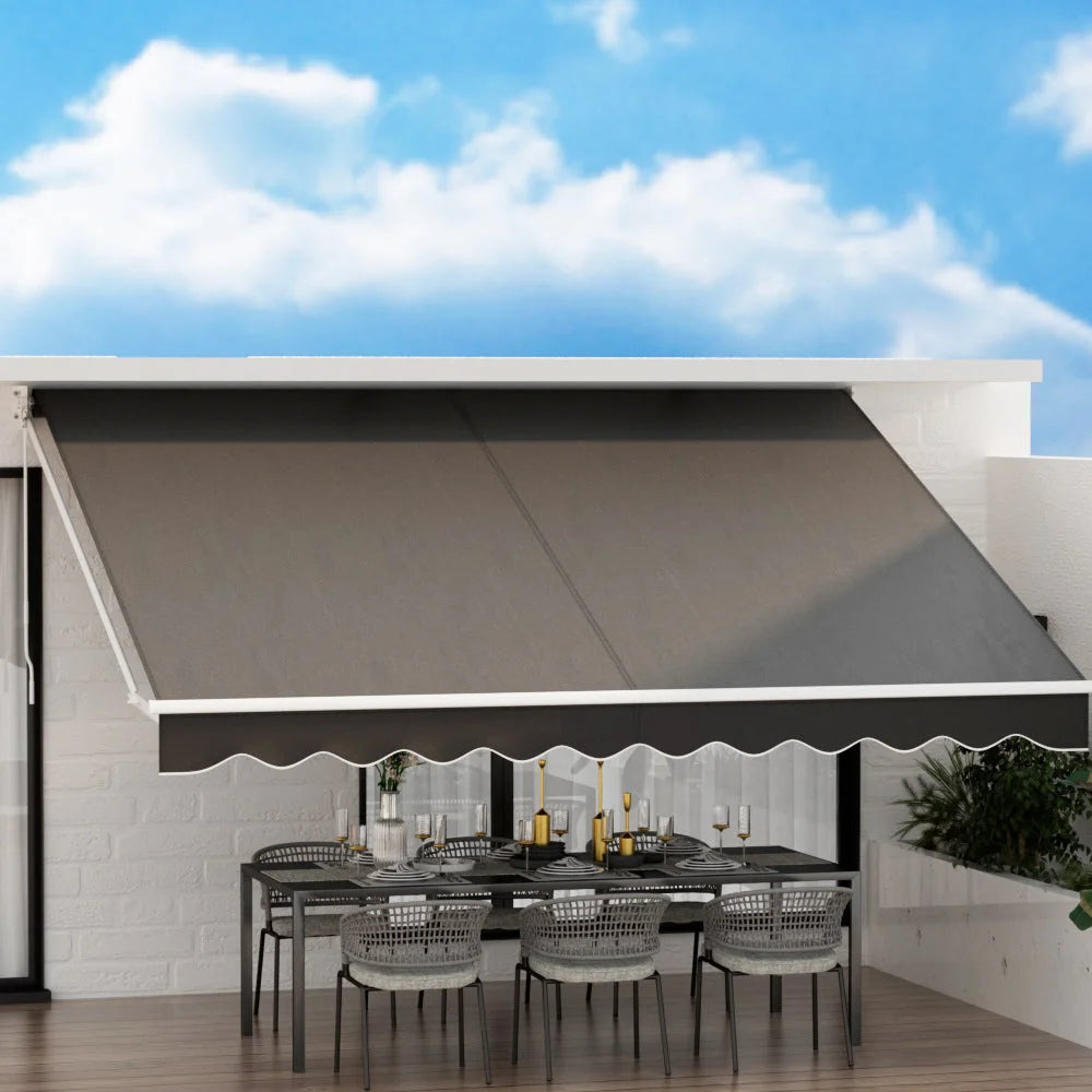 Grey 4m retractable awning with wall brackets and extended sunshade canopy
