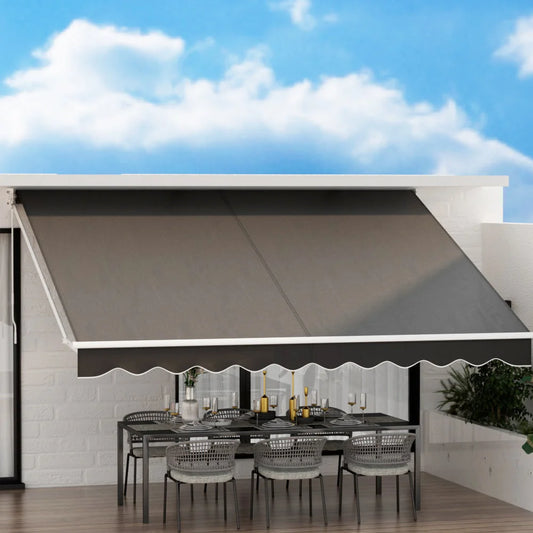 Grey 4m retractable awning with wall brackets and extended sunshade canopy