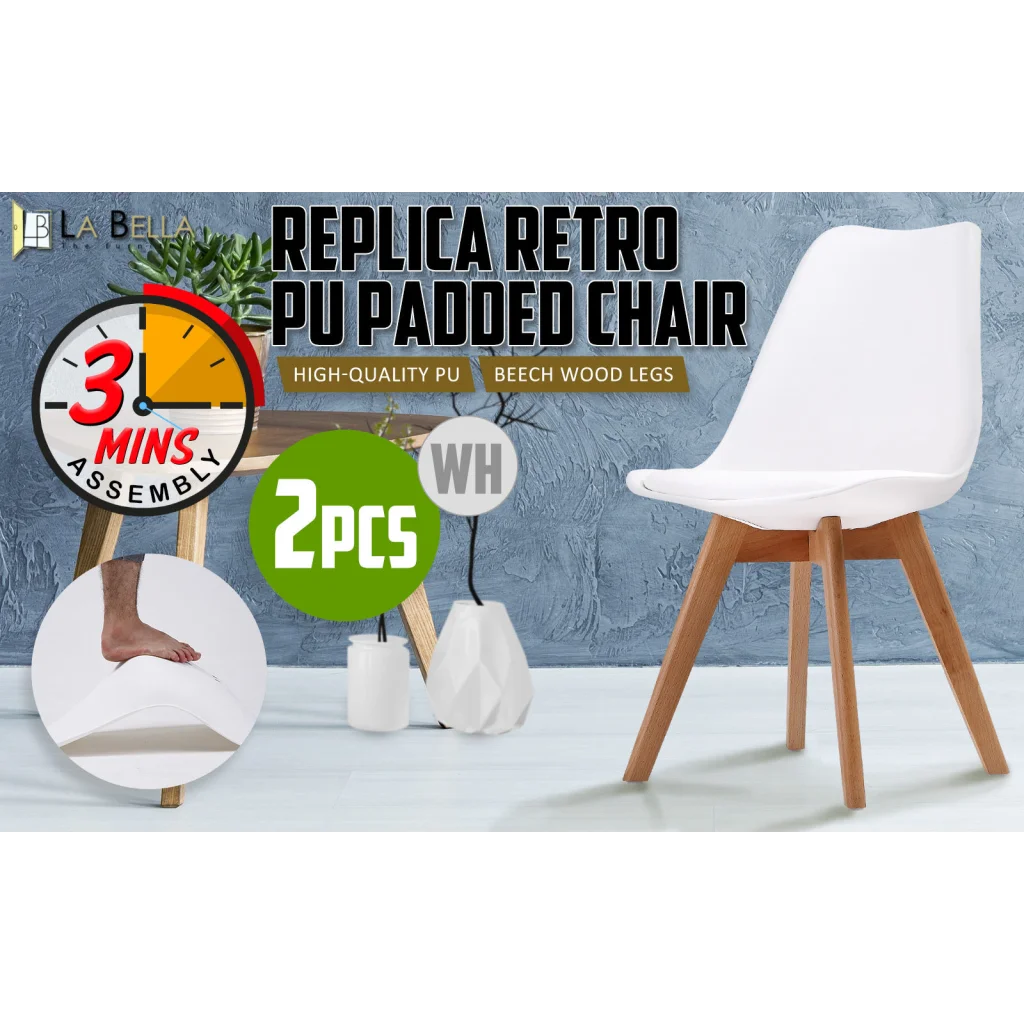 Retro Dining Cafe Chair Padded Seat Set of 2 - White