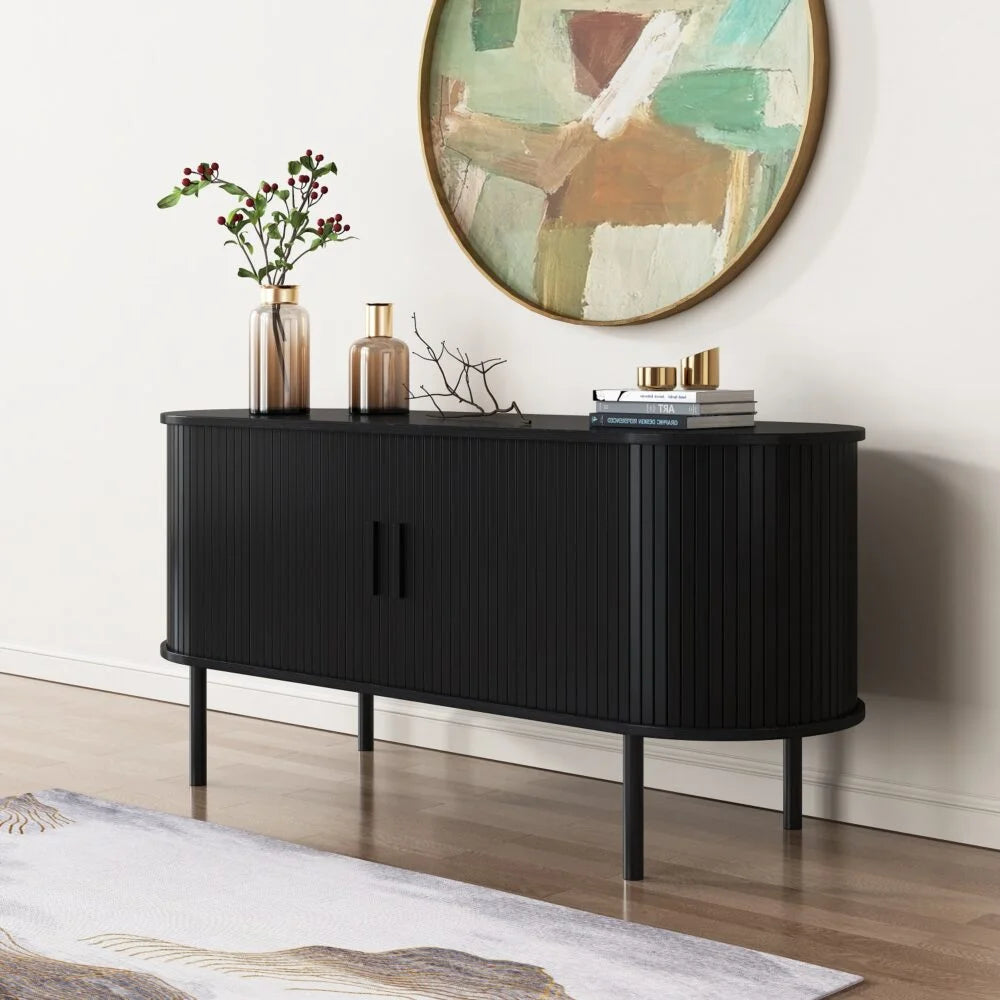 Ribbed Black Sideboard with Sliding Doors - Furniture