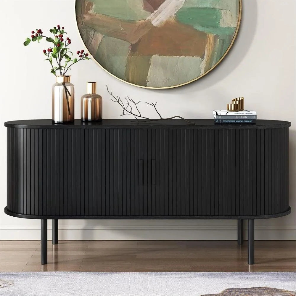 Ribbed Black Sideboard with Sliding Doors - Furniture