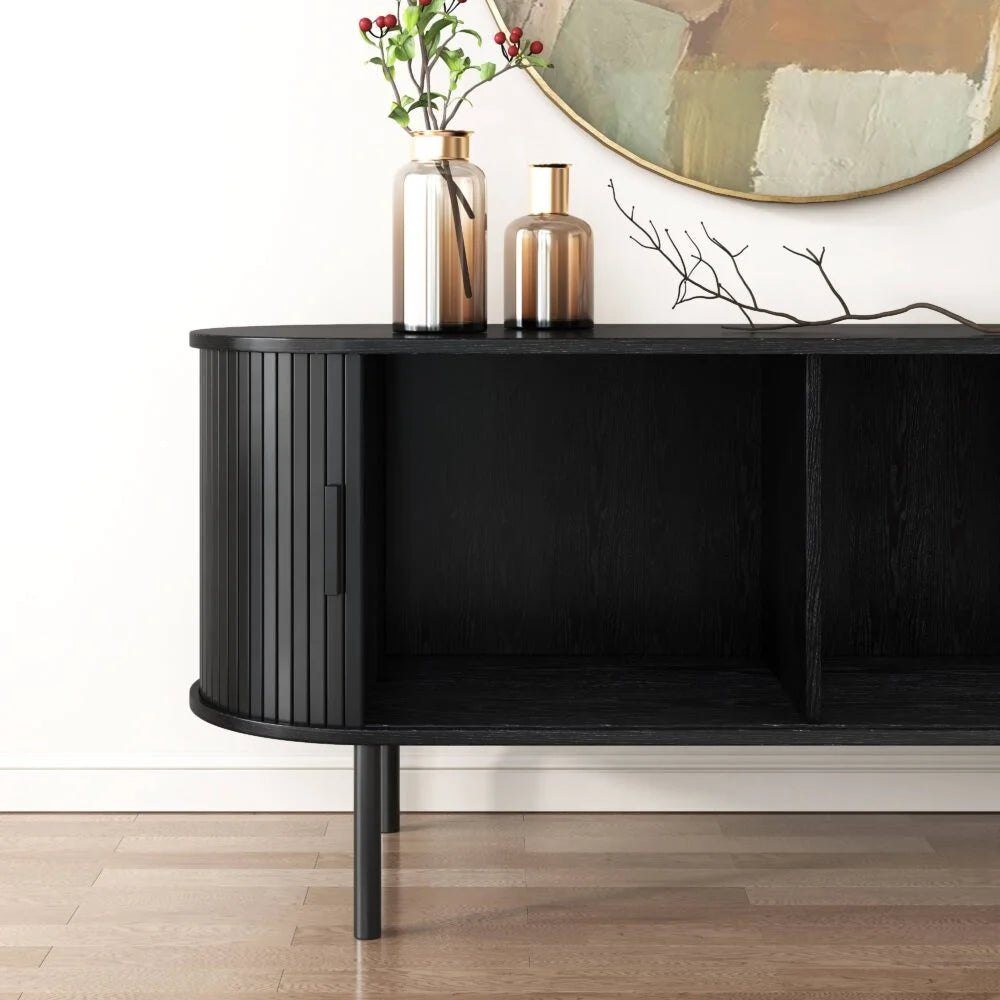 Ribbed Black Sideboard with Sliding Doors - Furniture