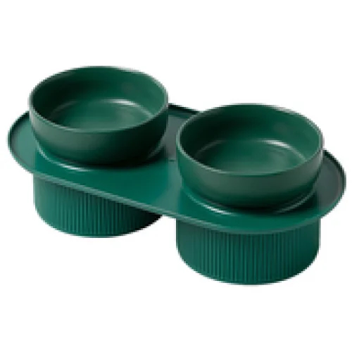 Ribbed Ceramic Double Pet Bowl Set of 24 - 3PC Emerald