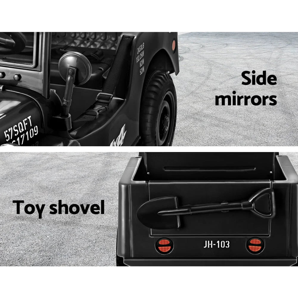 Black kids ride-on car with headlights and open cabin area
