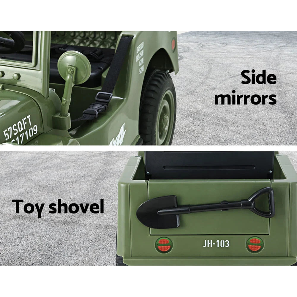 White kids ride-on car with black wheels and steering wheel