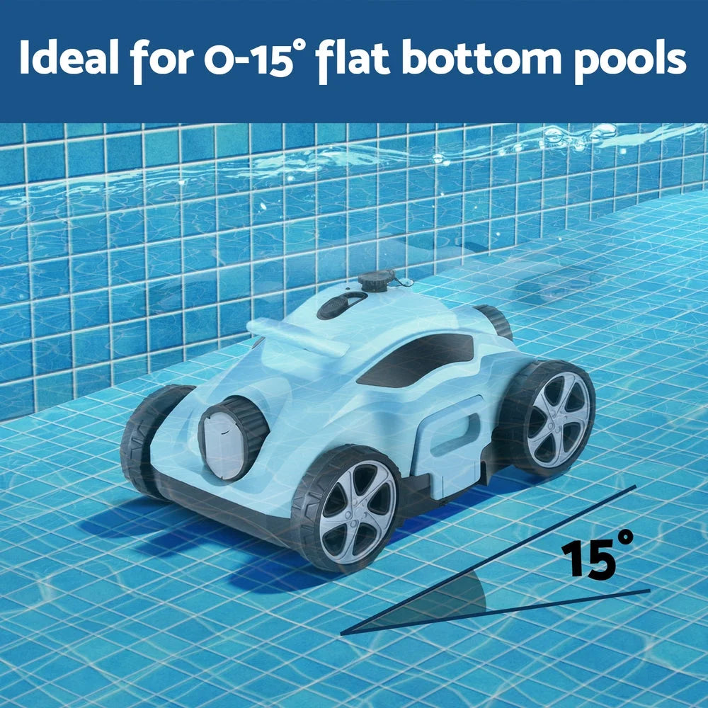 Robotic pool cleaner with caster wheels and side handle rail