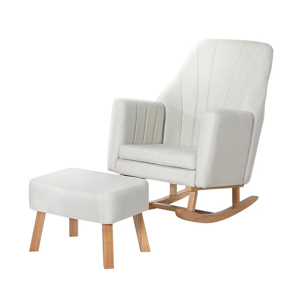 Beige linen accent chair with hanging seat and stand supports
