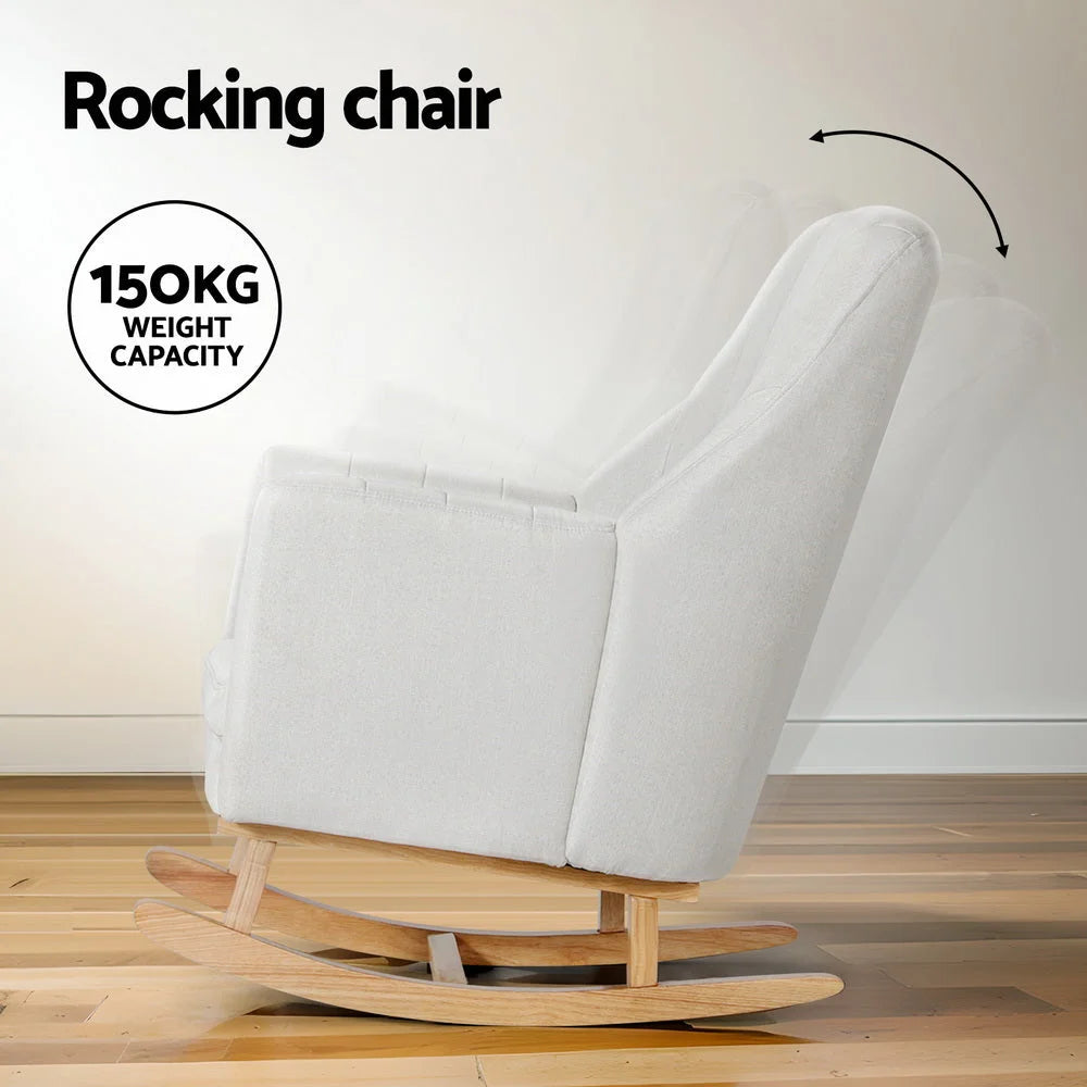 Beige linen accent chair with padded seat and support frame