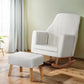 Beige linen accent chair with padded seat and sturdy metal frame