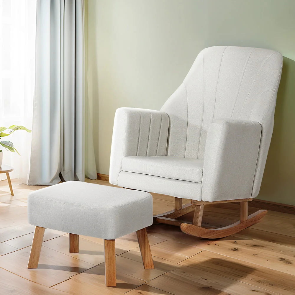 Beige linen accent chair with padded seat and sturdy metal frame