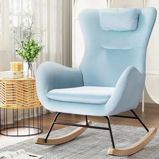 Blue velvet accent chair with upholstered seat and curved back