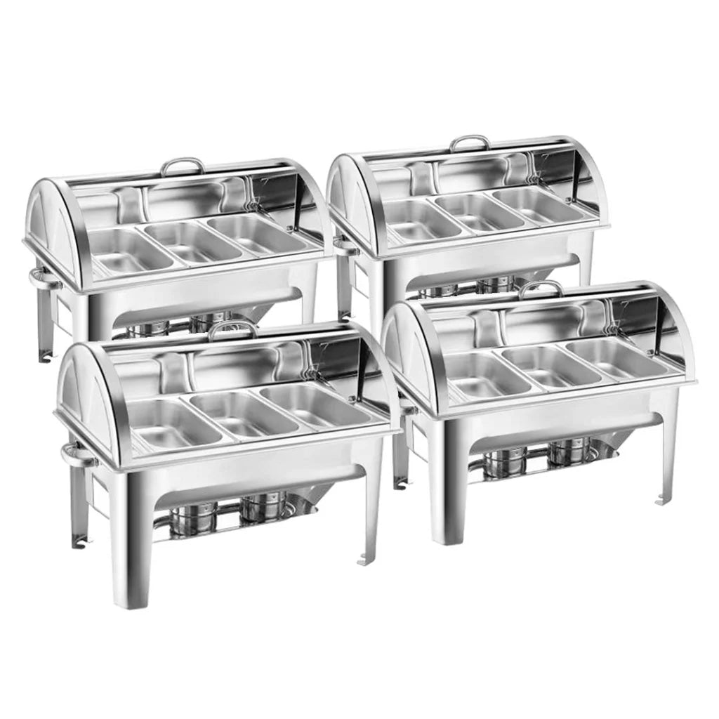 Roll Top Chafing Dish Set Premium 4X 3L Triple Tray Stainless Steel Food Warmer