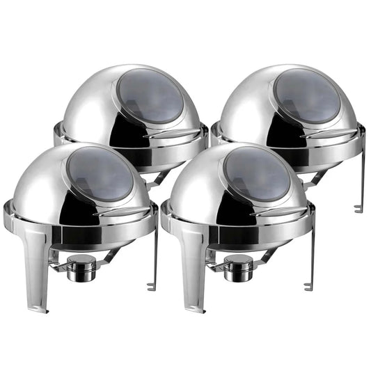 Roll Top Chafing Dish Set Premium 4X 6L Round Stainless Steel Food Warmer with Glass Lid