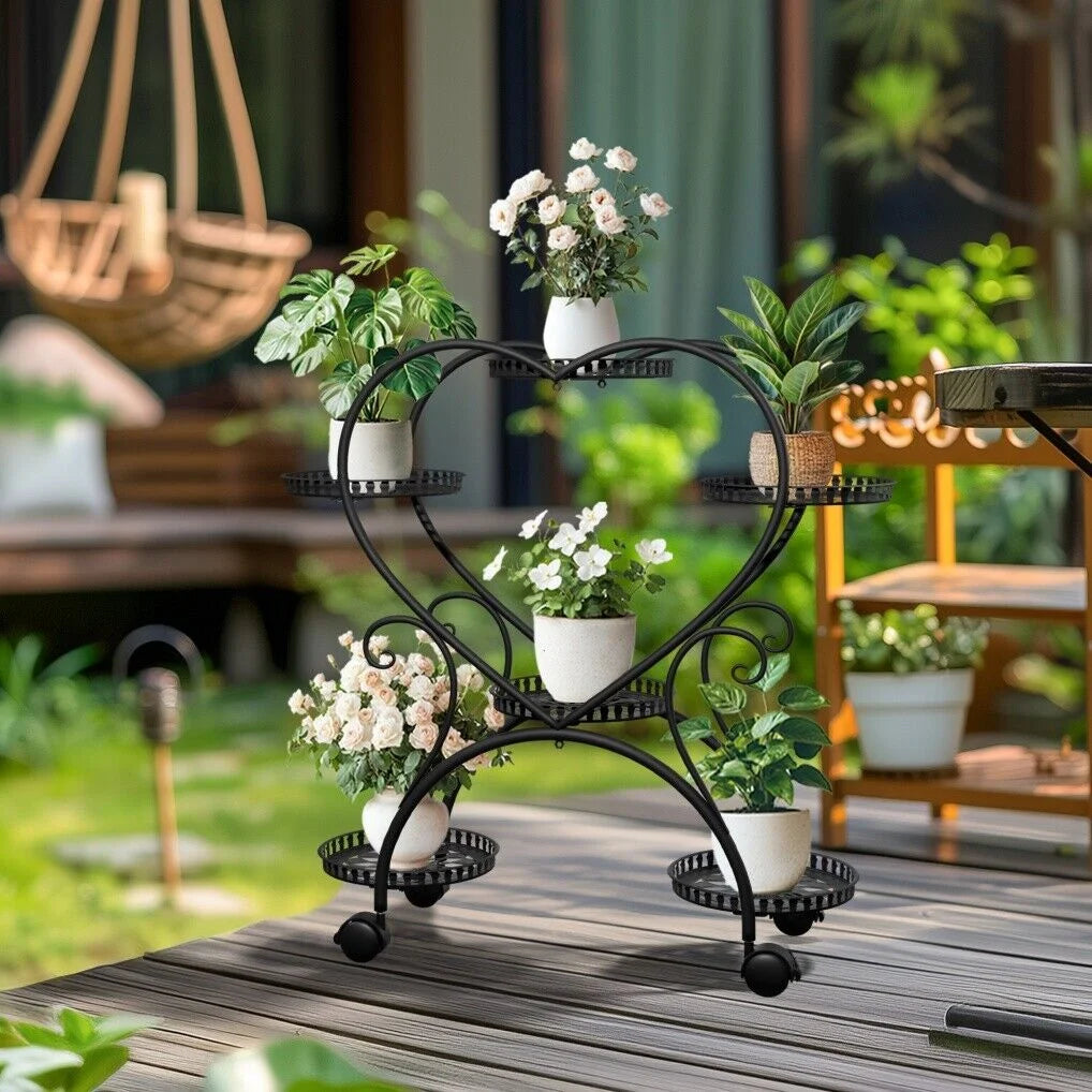 Rolling Metal Plant Stand Indoor Outdoor Garden Display