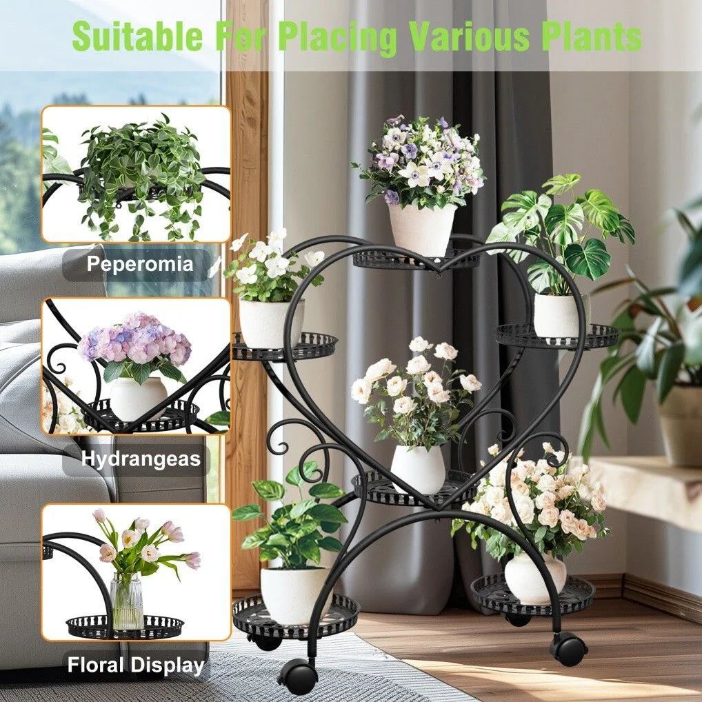 Rolling Metal Plant Stand Indoor Outdoor Garden Display