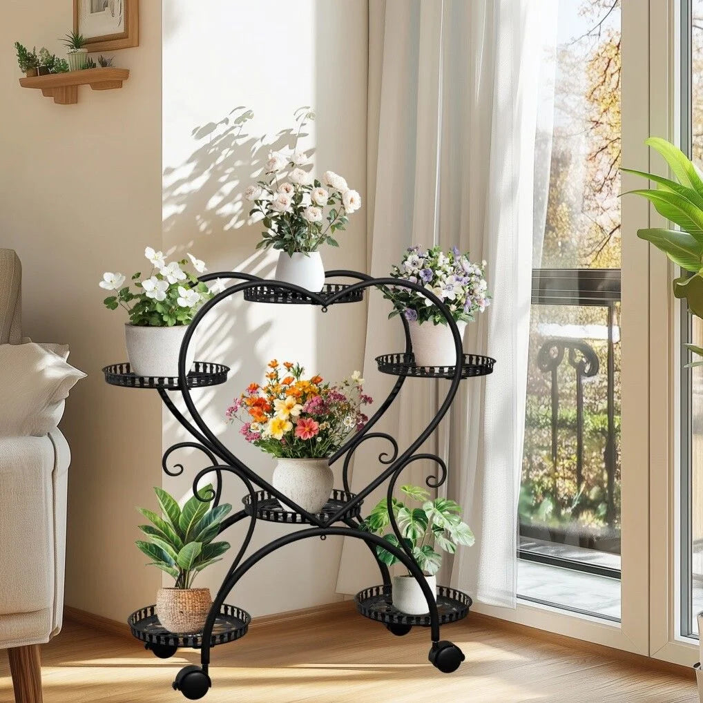 Rolling Metal Plant Stand Indoor Outdoor Garden Display