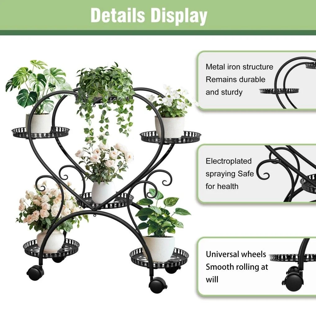 Rolling Metal Plant Stand Indoor Outdoor Garden Display
