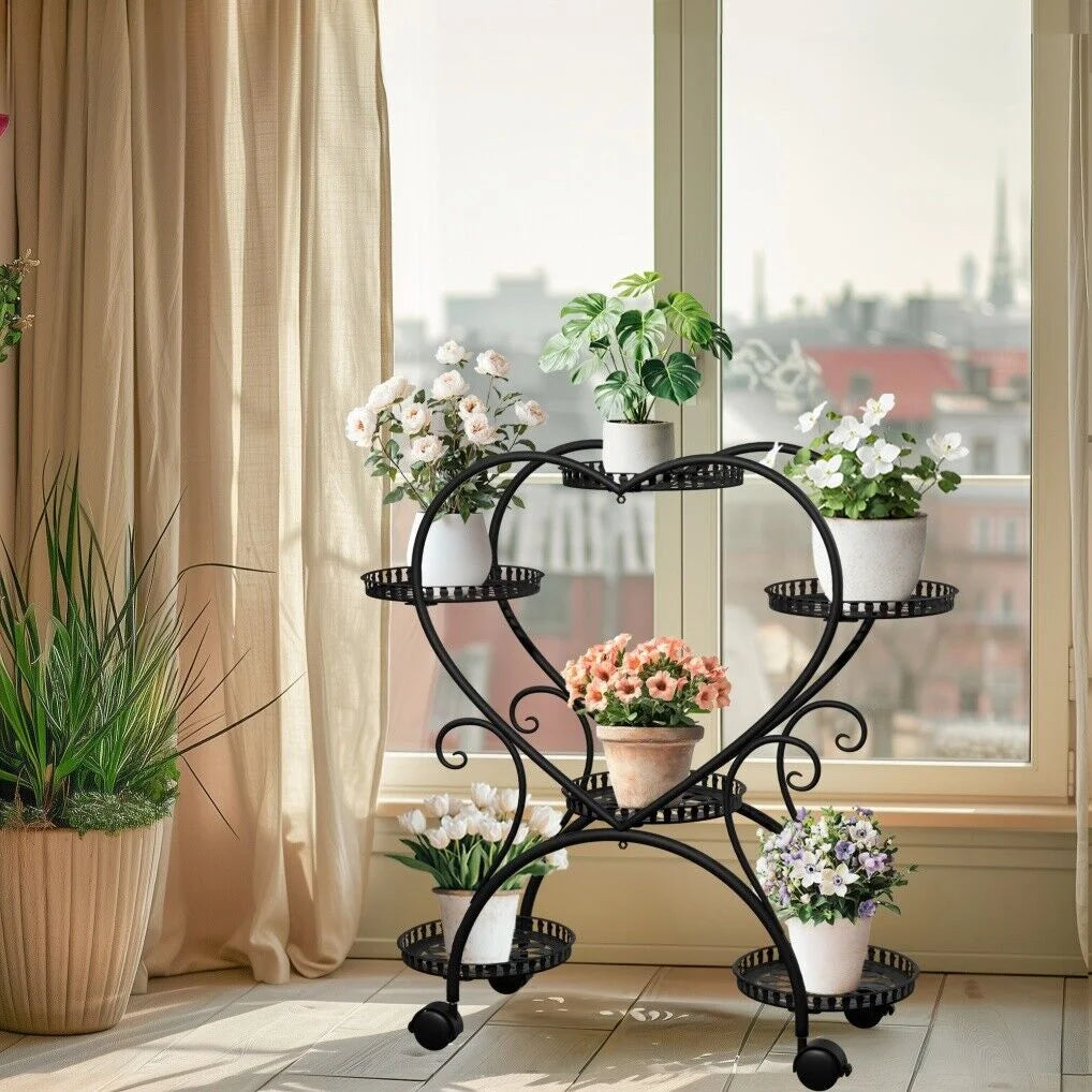 Rolling Metal Plant Stand Indoor Outdoor Garden Display