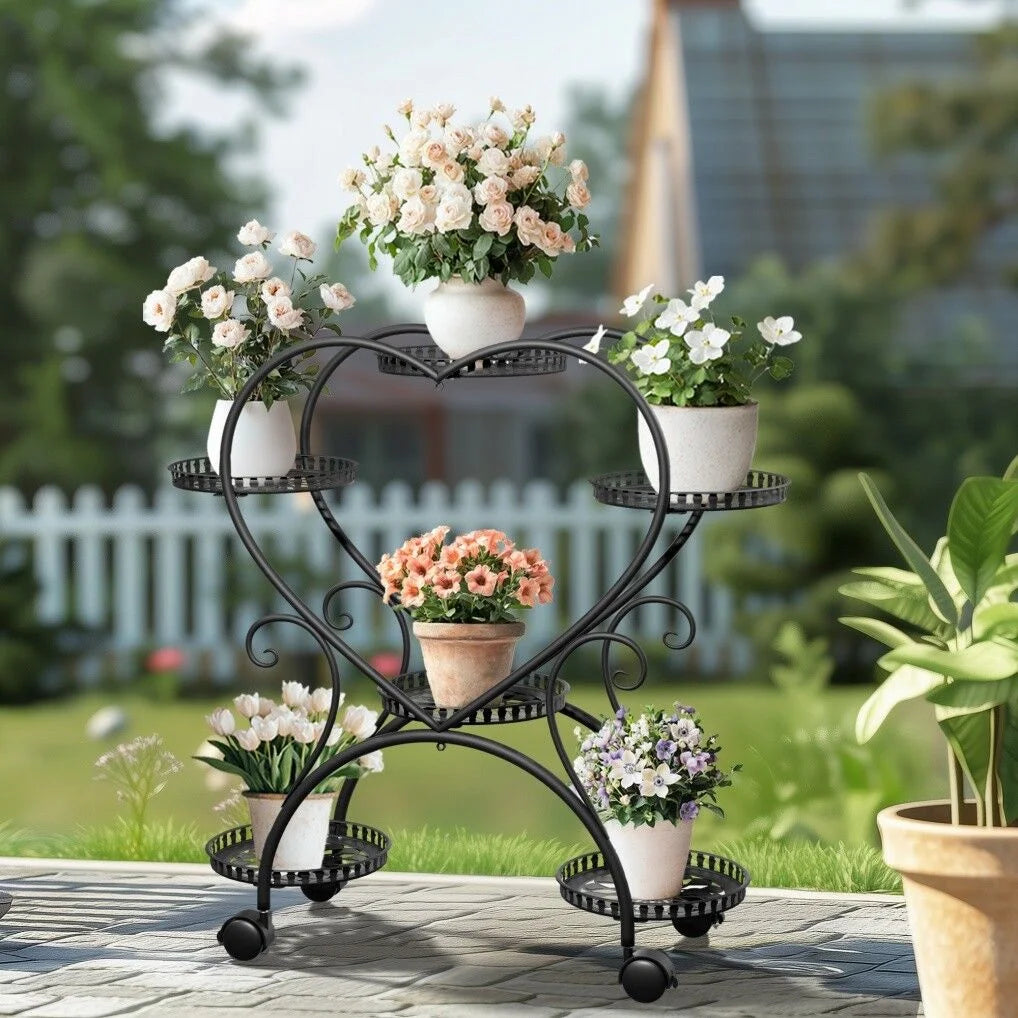 Rolling Metal Plant Stand Indoor Outdoor Garden Display