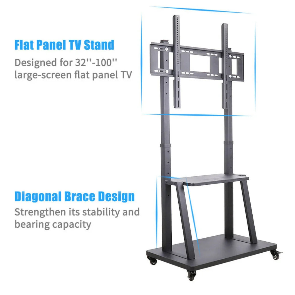 Rolling TV Stand 32-100 w/ Adjustable Mount & 2-Tier Shelf